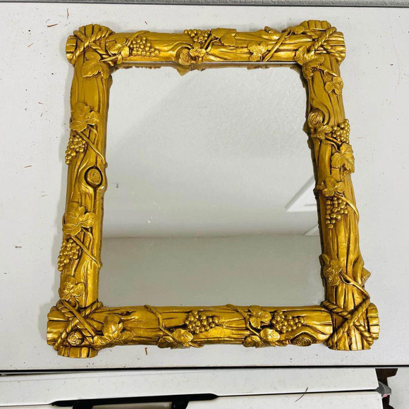 Gold Framed Ornate Mirror 14.5”X13” Floral Grape Vine Design Wall Hanging - HN - Picture 1 of 4